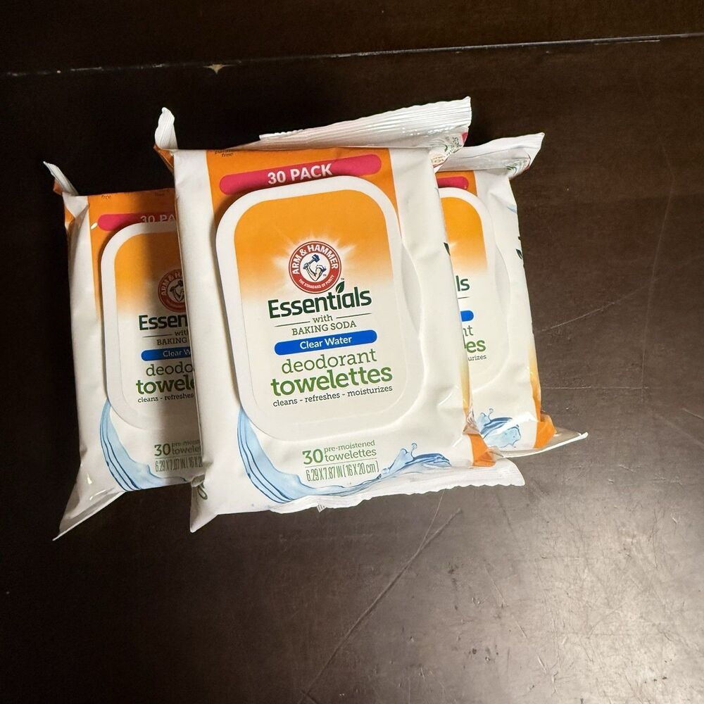 3 Pack Arm & Hammer Essentials Clear Water Deodorant Wipes 30 Ct Ea On The Go